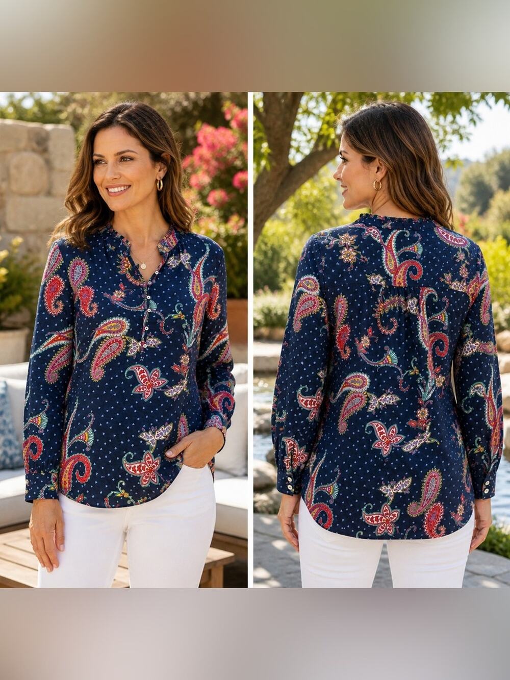 Talbots Twinkle Paisley Blouse India Ink Navy Floral Popover Cotton Top Size 1X